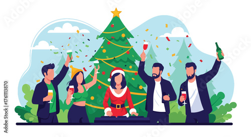 Flat vector of friends celebrating Christmas party indoors with music, DJ, drinks, confetti, and laughter, cheerful festive moment