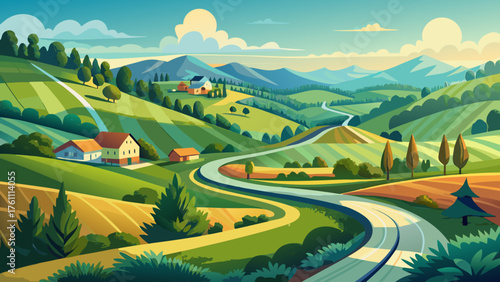 Very beautiful winding rural road photographed from above, curving through lush green fields and trees, reflecting serenity, adventure, and the peaceful rhythm of countryside life and open exploration