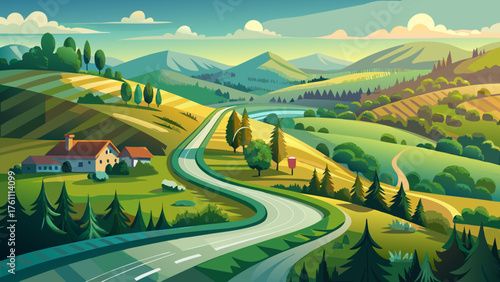 Very beautiful winding rural road photographed from above, curving through lush green fields and trees, reflecting serenity, adventure, and the peaceful rhythm of countryside life and open exploration