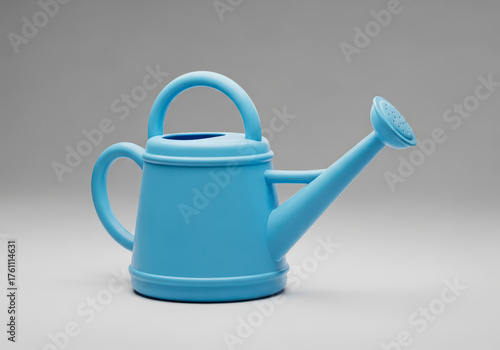 3d illustration of a light blue watering can with a handle and spout on a gray background in the studio setting