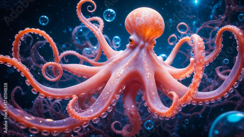 Natural Exotic Oceanic Life Form, Alien Biomorphic, Bioluminescent Octopus In Water, Underwater