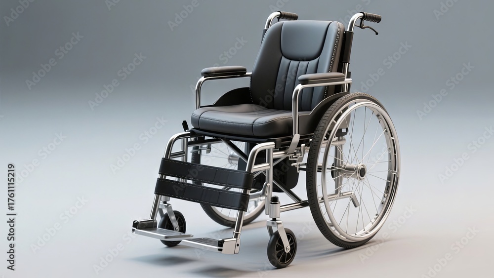 Fototapeta premium A sleek wheelchair features a padded black seat and backrest, sturdy metallic frame, and smooth wheels, designed for easy mobility and comfort in various settings