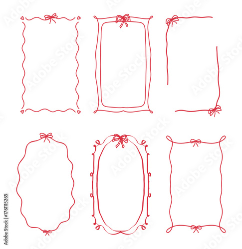 Quirky trendy frame with red bow, hand-drawn borders for wedding invitations, whimsical sketch ornaments, minimal line art elements. Editable vector design for decoration and social media projects.