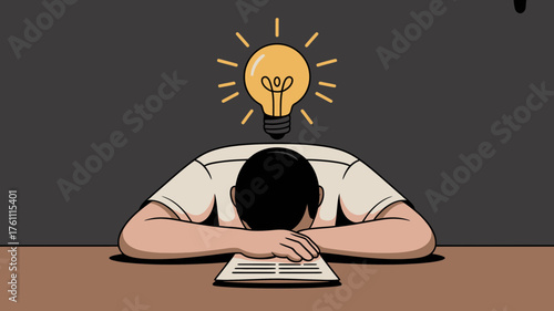 A person with their head down on a desk with a glowing lightbulb above symbolizing a new idea or inspiration striking
