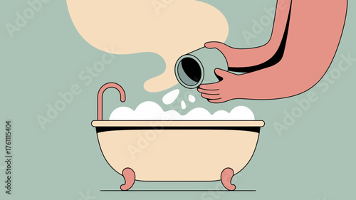 A person s arm pours bath salts or bubbles into a vintage clawfoot bathtub filled with foamy water and steam