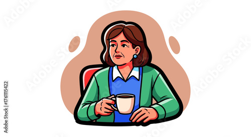 Confident mature woman enjoying a tranquil moment with a warm beverage, sitting and relaxing