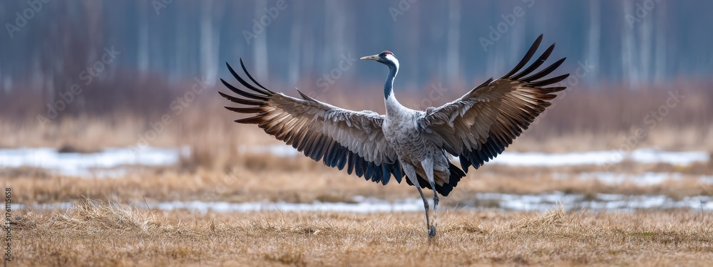 Obraz premium Wild common crane, grus grus, walking on hay field in spring nature. Large feathered bird landing on meadow from side view. Animal wildlife in wilderness
