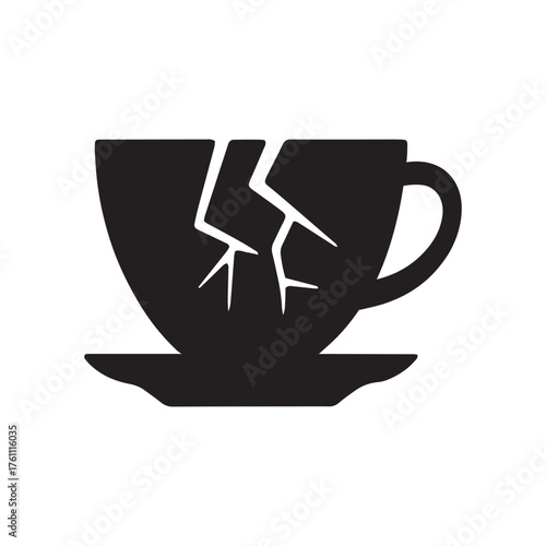 Silhouette of a cracked teacup on a saucer, a simple broken mug icon vector graphic design. AI 