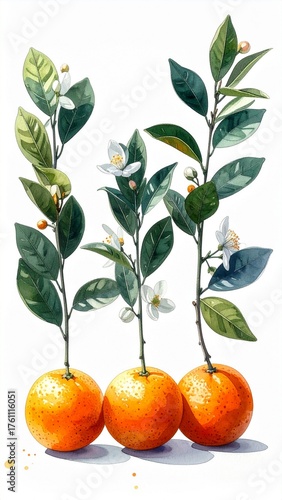 Three Watercolor Orange Sprigs with Blossoms and Leaves on Ripe Fruit - Botanical Art on White