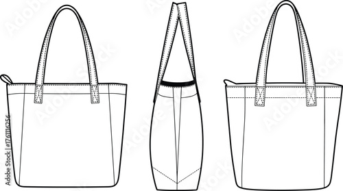 Elegant tote handbag technical sketch, detailed CAD drawing flat vector illustration, front side and back view fashion accessory design
