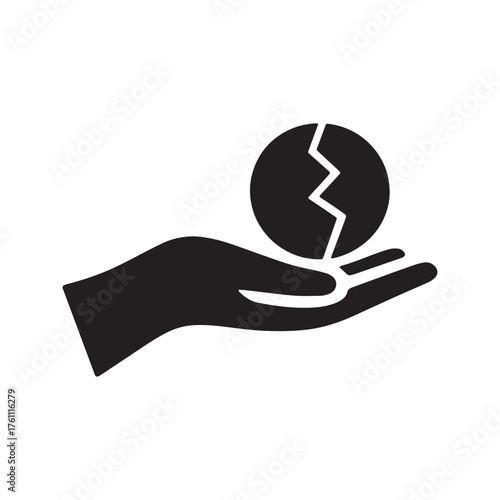 Minimalist silhouette vector design of a hand presenting a cracked sphere, a symbol of fragility
