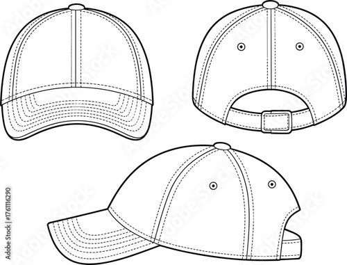 cad drawing flat vector illustration, baseball cap technical sketch, adjustable hat design template, apparel accessory outline, fashion mockup illustration
