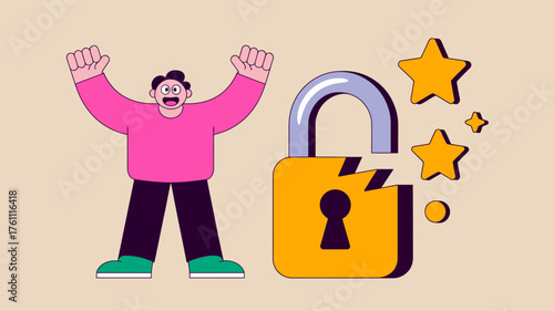Frustrated man with arms raised in despair next to a broken padlock and shining stars symbolizing security breach or data loss