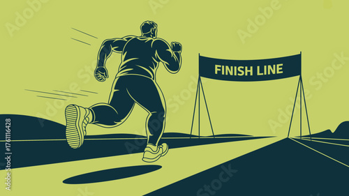 Determined runner sprinting towards the finish line banner in a stylized graphic illustration with speed lines