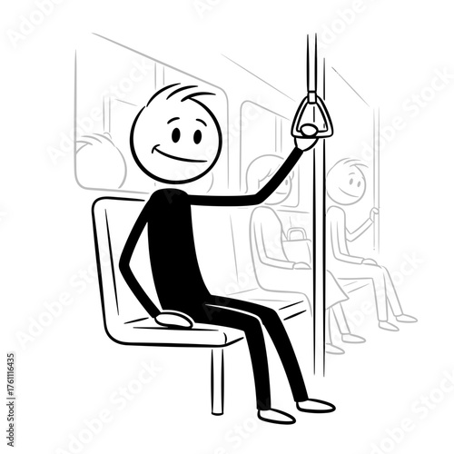 Stick figure using public transportation instead of driving a car, eco-friendly lifestyle concept 