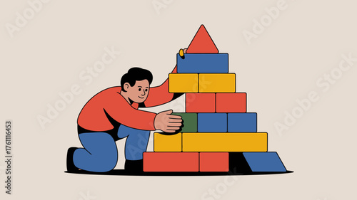 A man carefully stacking colorful building blocks to construct a tall tower symbolizing growth and achievement