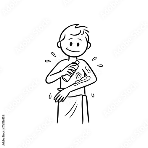 The boy applies lotion to his body after showering, smiling and feeling a surge of energy.  