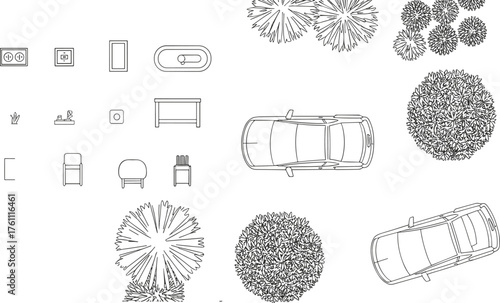 Architectural top view symbols vector, CAD furniture layout plan, car and tree elements drawing, detailed floor plan design illustration