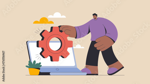 Person placing a large red gear into a laptop computer symbolizing technology integration and system setup