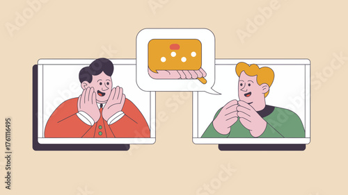 Two men having a video call conversation discussing a shared idea or project represented by a speech bubble with a lightbulb icon