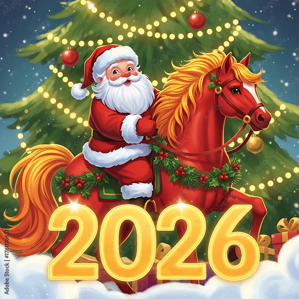 Fototapeta premium Santa claus rides a festive red horse with 2026 new year text and decorated christmas tree
