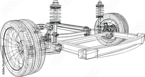 Automotive suspension system wireframe, detailed car chassis engineering drawing, 3D mechanical structure model, technical vector illustration for design