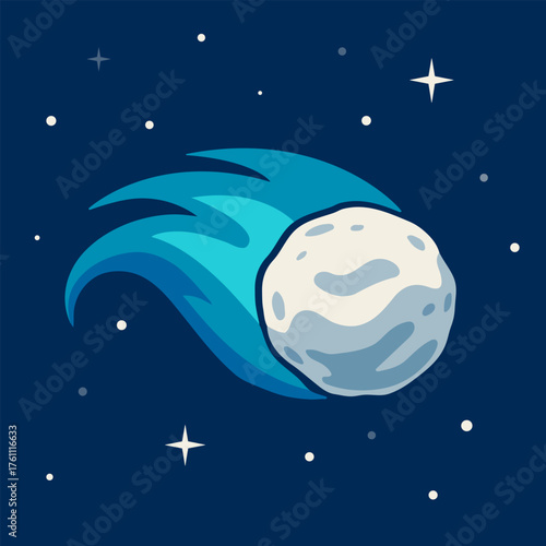Vector illustration of the interstellar comet 3I/ATLAS flying through space. A bright comet ball with a blue tail against a dark starry sky and stars. Modern style, minimalism
