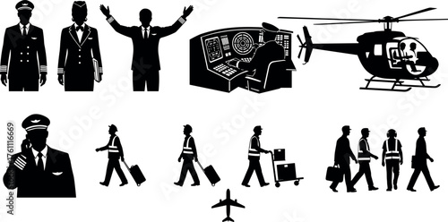 Airport staff silhouettes including pilots, flight attendants, air traffic controllers, passengers, ground crew, helicopter, airplane, luggage, travel, aviation roles