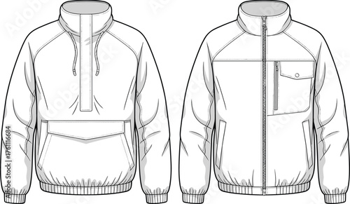 Technical fashion jacket flat sketch, modern outerwear vector drawing, front view design template, detailed clothing illustration for designers