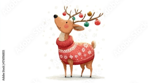 Wallpaper Mural Charming watercolor illustration of a happy reindeer wearing a festive red knitted sweater adorned with christmas ornaments Torontodigital.ca