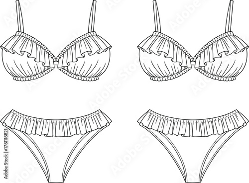 Women bikini set with ruffle trim, stylish two-piece swimsuit design, summer beachwear fashion flat sketch, lingerie apparel vector illustration