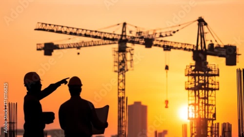 Construction site at sunset, two workers in silhouette