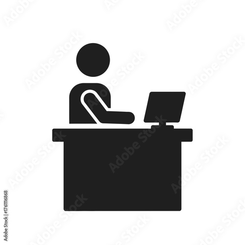 Person at desk with computer icon.