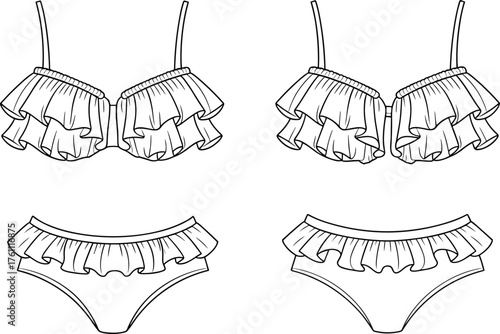 Stylish women bikini design with ruffle details, cute two-piece swimsuit set, summer beachwear fashion flat sketch, lingerie vector illustration