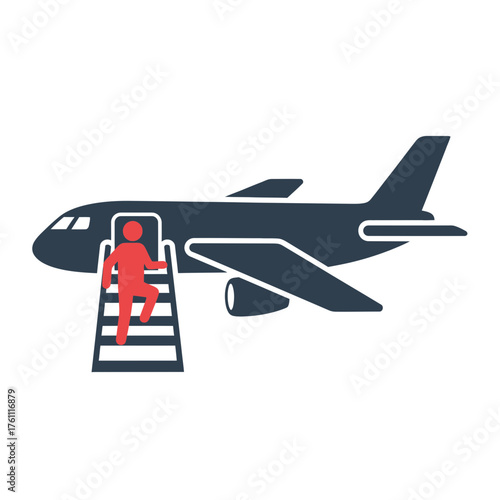 Airplane with person on boarding stairs evacuation slide.