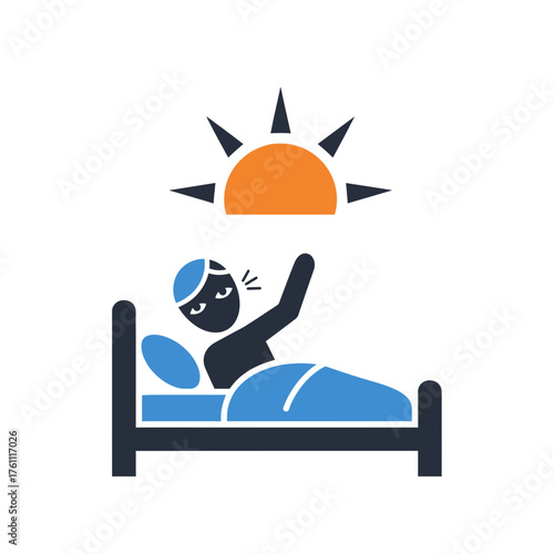 Person waking up in bed with the sun rising.