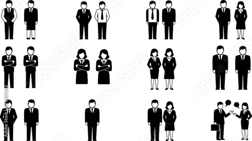 Business people icons in formal attire showing professional gestures, teamwork, communication, leadership, and corporate interaction in black and white style.