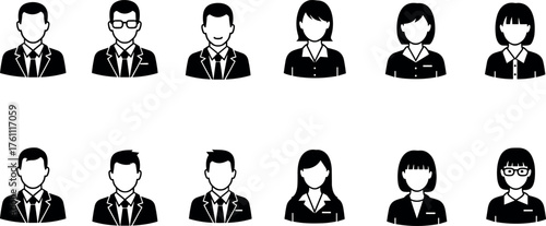 Business people avatar set in black and white, formal attire, corporate team illustration, diverse professional characters for branding design