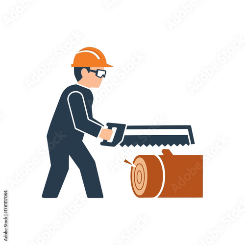 Person in hard hat sawing wood logs with a handsaw.