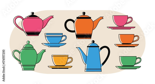 Colorful assortment of retro-style teapots and teacups, a charming vector illustration set for cafe and tea party themes
