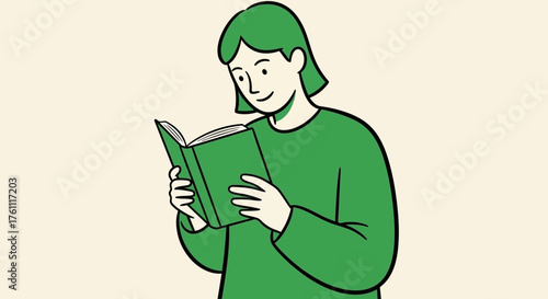 Smiling individual enjoying a moment of quiet contemplation and knowledge acquisition while deeply engrossed in reading a captivating green book