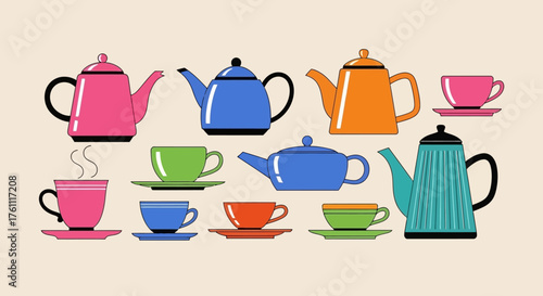 Colorful Teapot and Cup Collection Vector Illustration