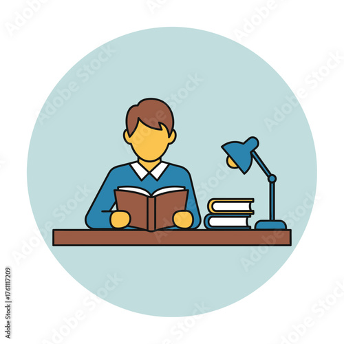 Person reading book at desk with lamp and books.