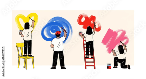 Creative individuals paint vibrant abstract art on a wall, expressing artistic passion and imagination