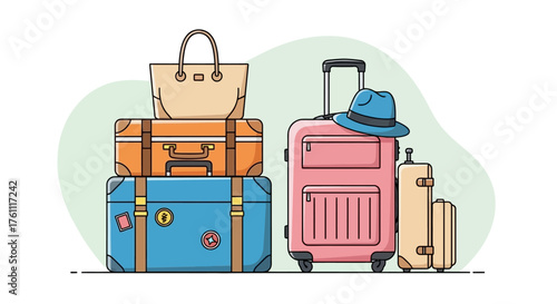 Vector Illustration Suitcases and Travel Accessories for Vacation Getaway