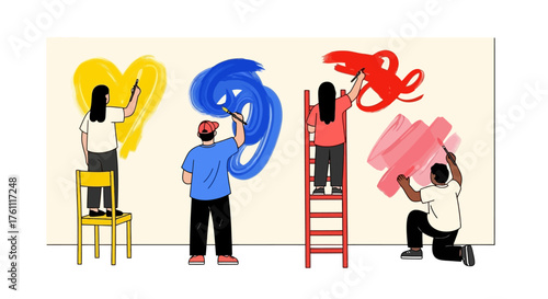 Celebrating creativity and imagination as a diverse group of people collaboratively paint on a large canvas together