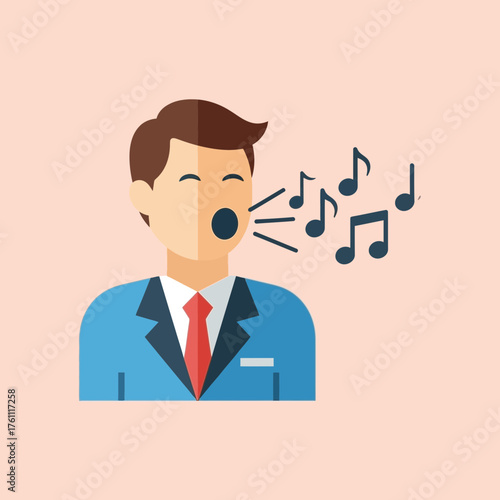 Man in suit singing with musical notes emanating from mouth.