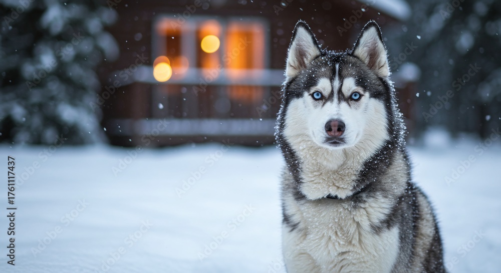 Naklejka premium Animal and Environment: Wolf-Like Dog Against a Blurry Background with Warm Window Light