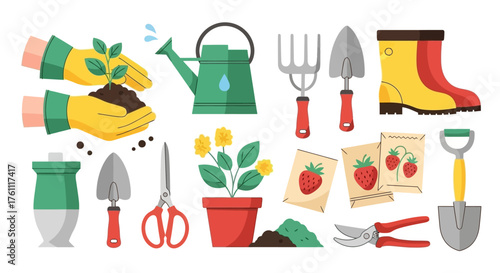 Gardening concept illustrated with a set of essential tools like trowels, shears, seeds, and boots for hobby farming and planting