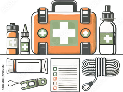 First aid kit and survival gear illustration medical supplies